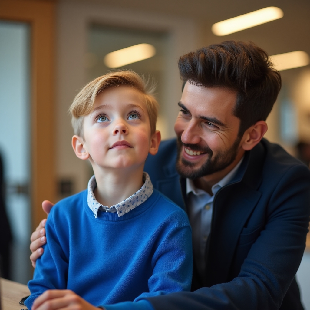 Parent and young child at a bank branch, child looking curious at the counter