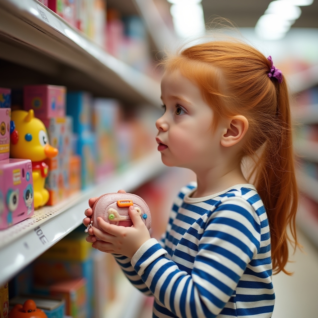 Young child looking thoughtfully at toys in a shop, deciding how to spend their money