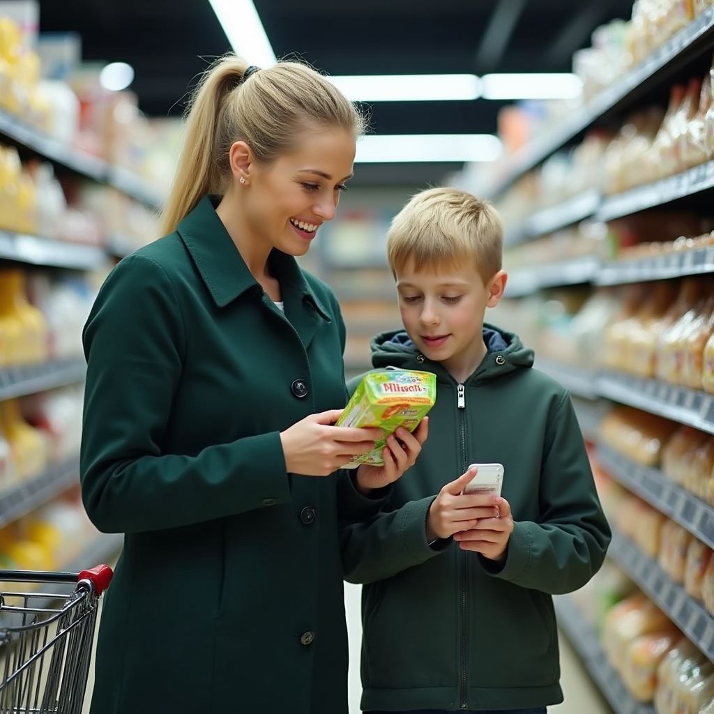 Parent and child in supermarket comparing prices and making budget decisions together