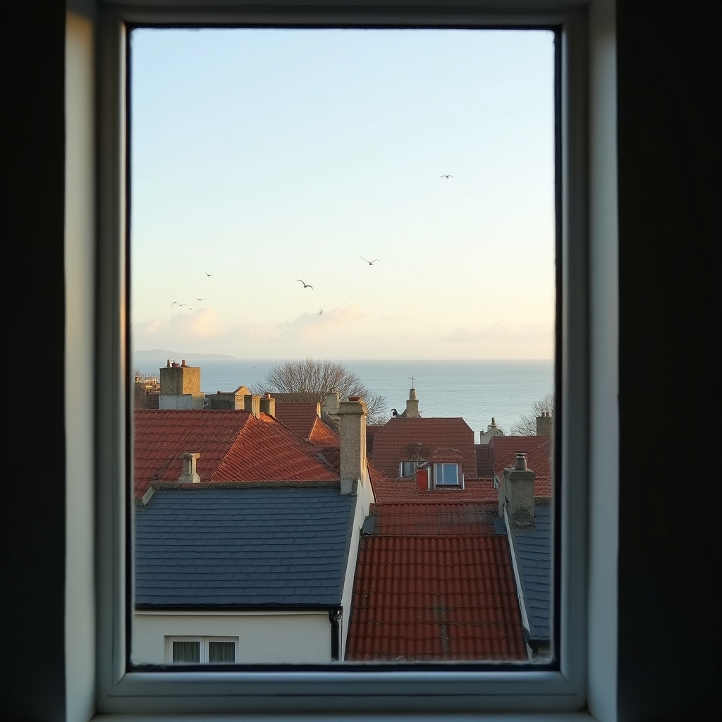 Bright morning view of Galway city rooftops and the bay from a residential window