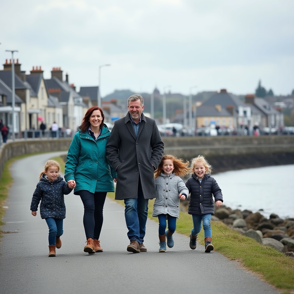 Family walking along the Galway waterfront on a bright afternoon, parents and two children