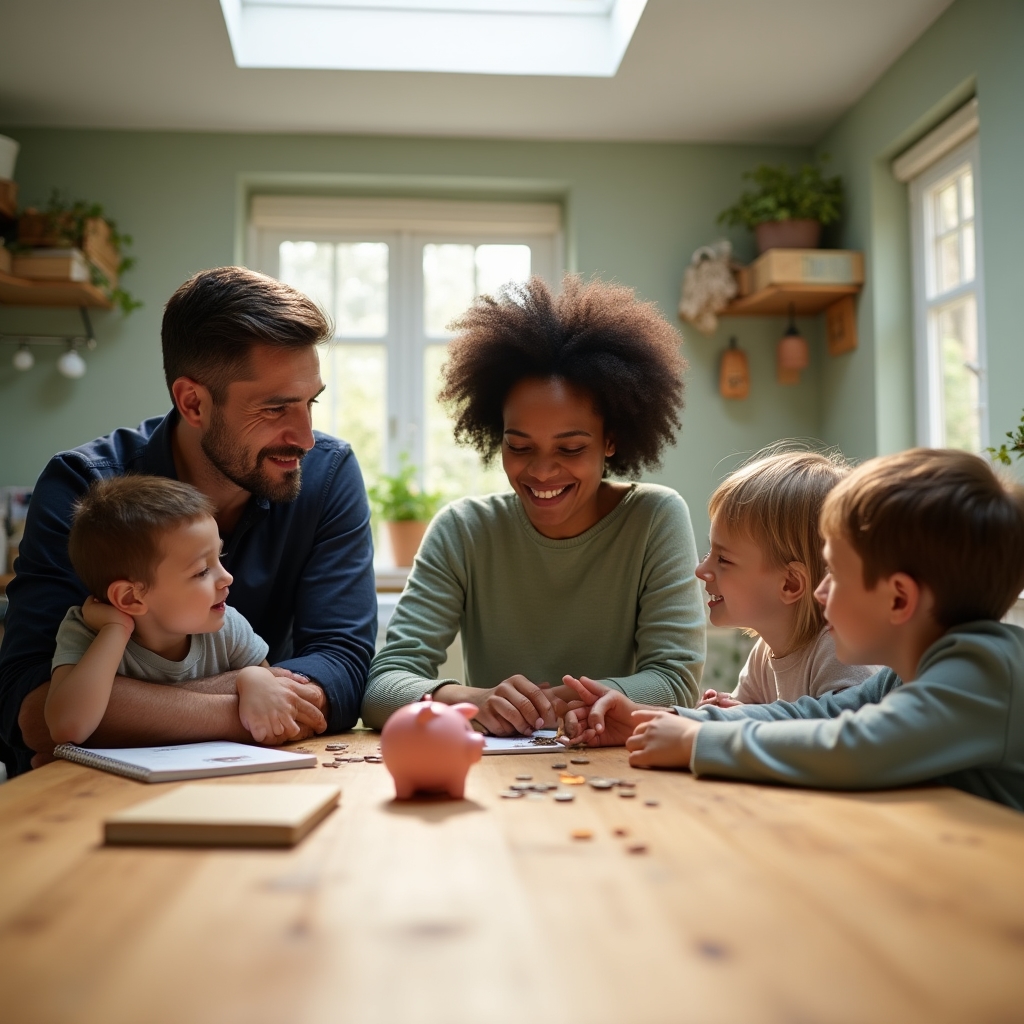 Family having a warm conversation about money at kitchen table