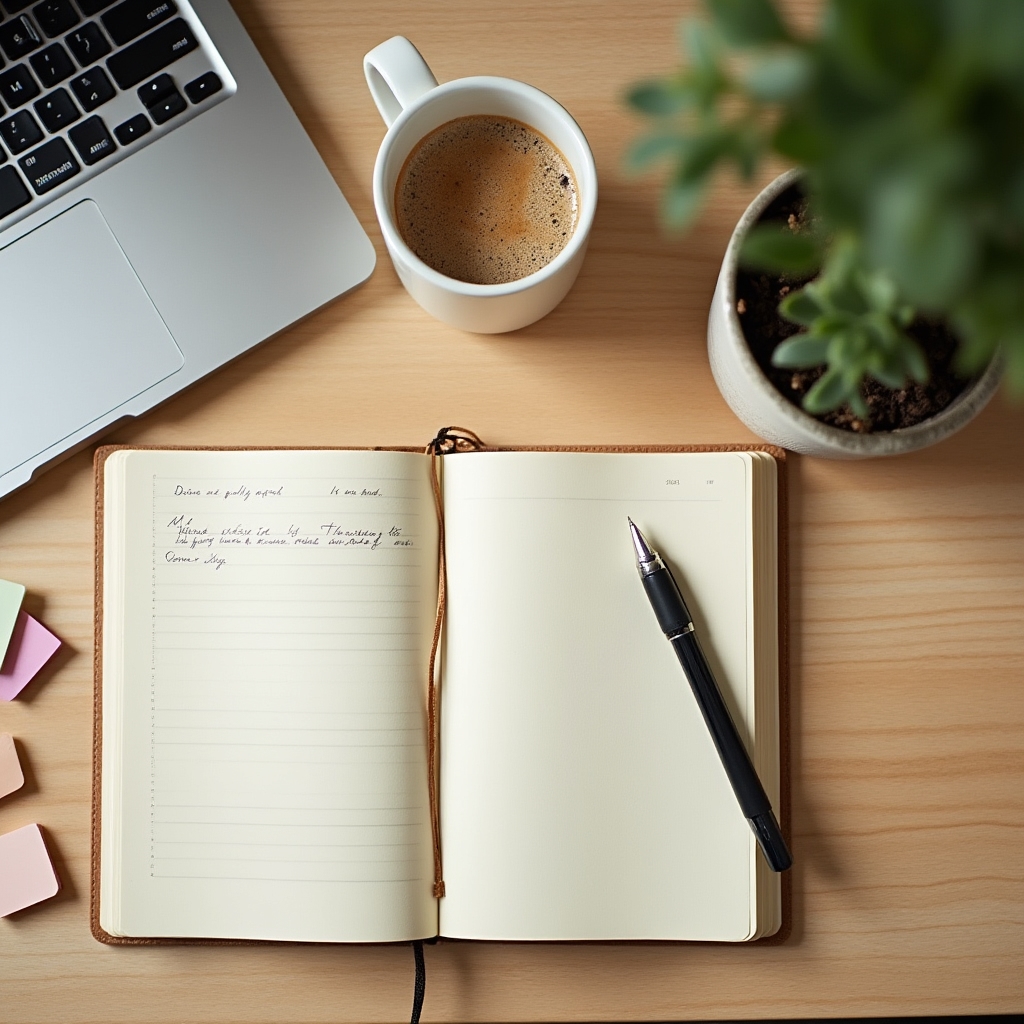 Cosy home writing desk with notebook, coffee mug, and natural window light in a Galway home