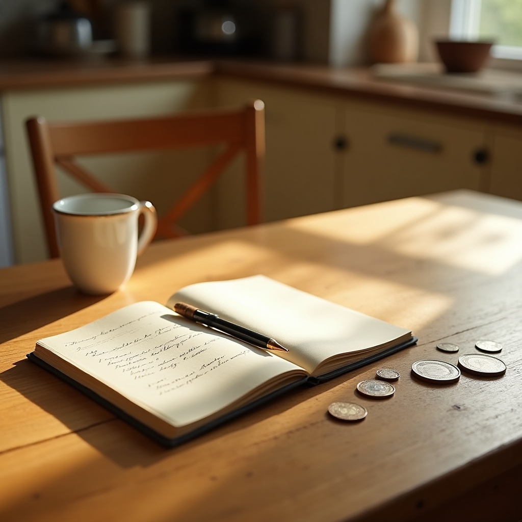 Warm kitchen table with open notebook, scattered papers, and afternoon light, the site of many family money conversations