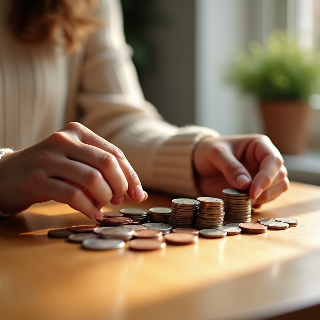 Parent and young child counting coins together on a wooden table