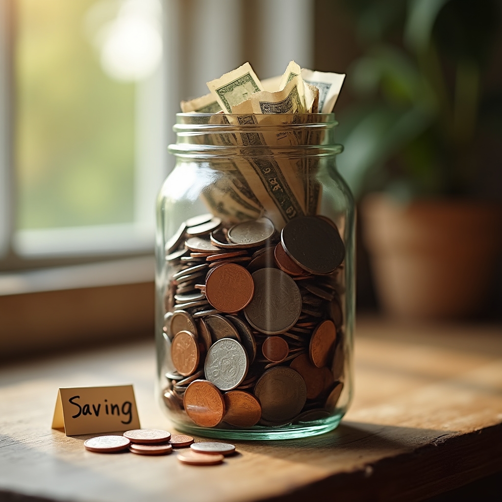 Glass jar filled with coins representing a child's pocket money savings