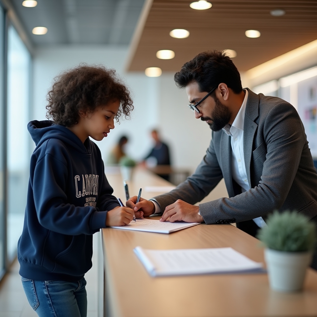 Teenager and parent at a bank counter opening a first bank account together