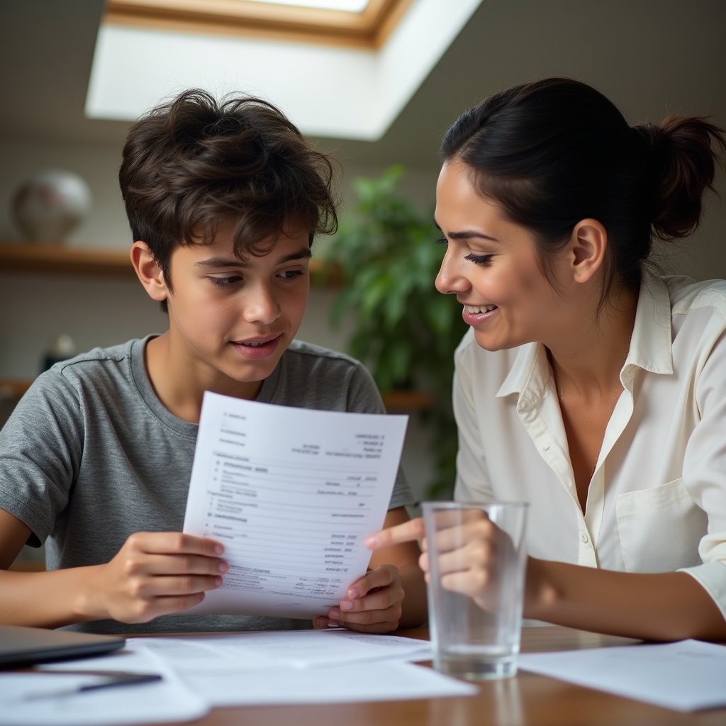 Teenager sitting at a desk examining their first payslip with a parent nearby